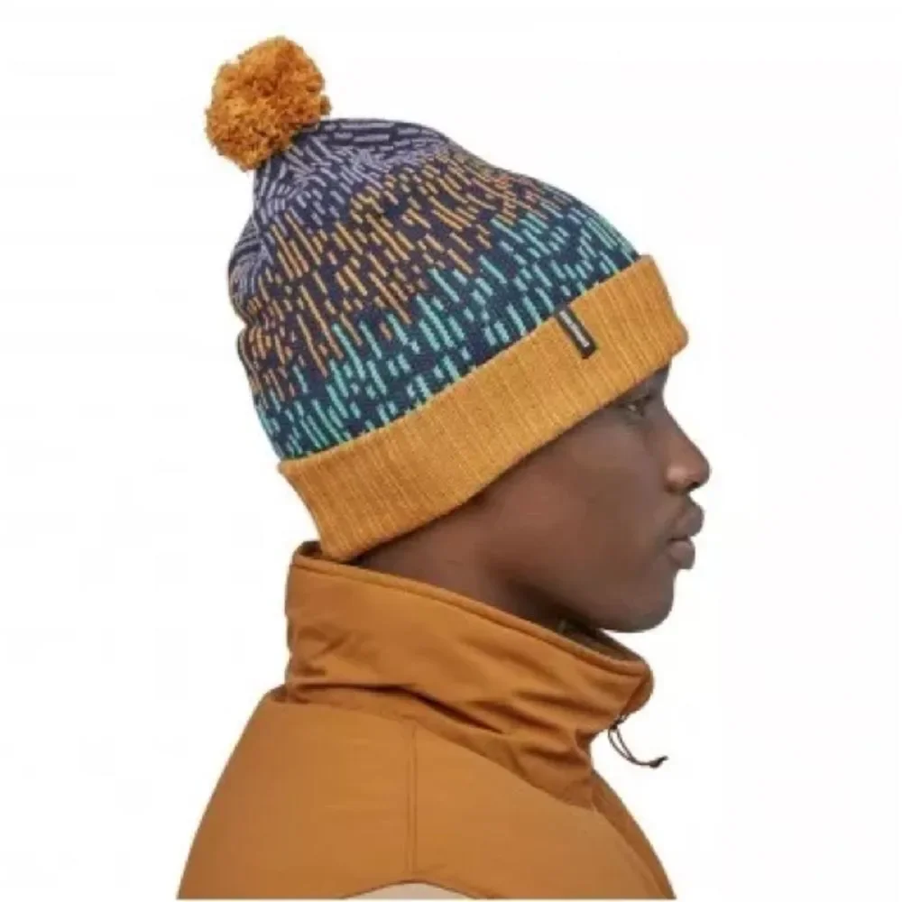 Patagonia Powder Town Beanie Blue Mustard Pom-Pom Unisex OS Outdoor Hiking Ski